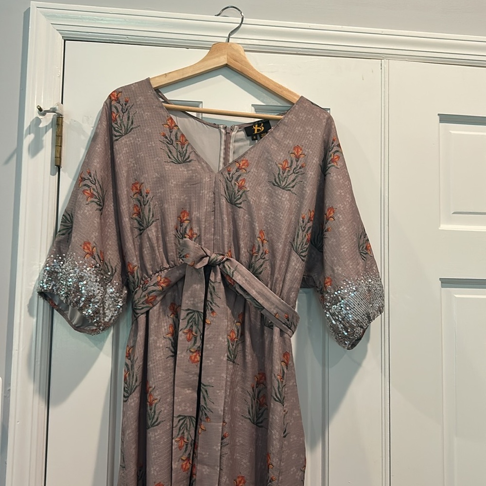 Sachin + Babi for Anthropologie Floral Maxi Dress Lavender and Coral with Sequin